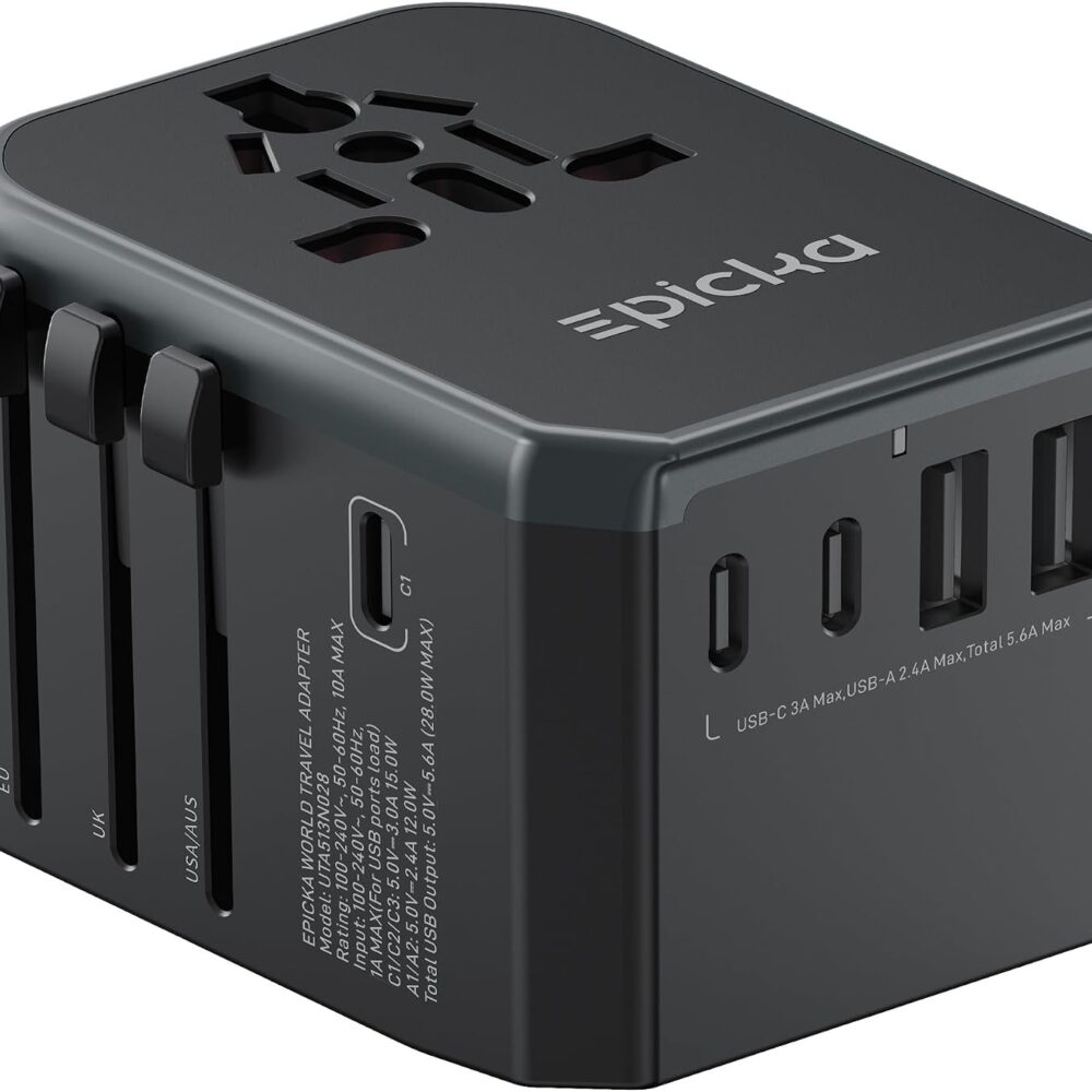 EPICKA Universal Travel Adapter with 1AC/3 USB-C/2 USB-A Ports | Travel Plug Adapter for EU/US/UK/AUS, Supports Charging for Multi-Device, Not A Voltage Converter, TA-105+, Grey
