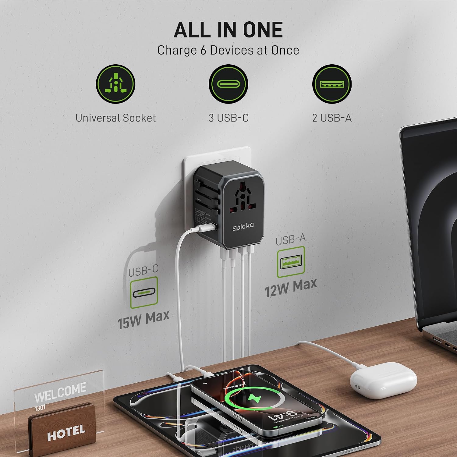 EPICKA Universal Travel Adapter with 1AC/3 USB-C/2 USB-A Ports | Travel Plug Adapter for EU/US/UK/AUS, Supports Charging for Multi-Device, Not A Voltage Converter, TA-105+, Grey - Image 2