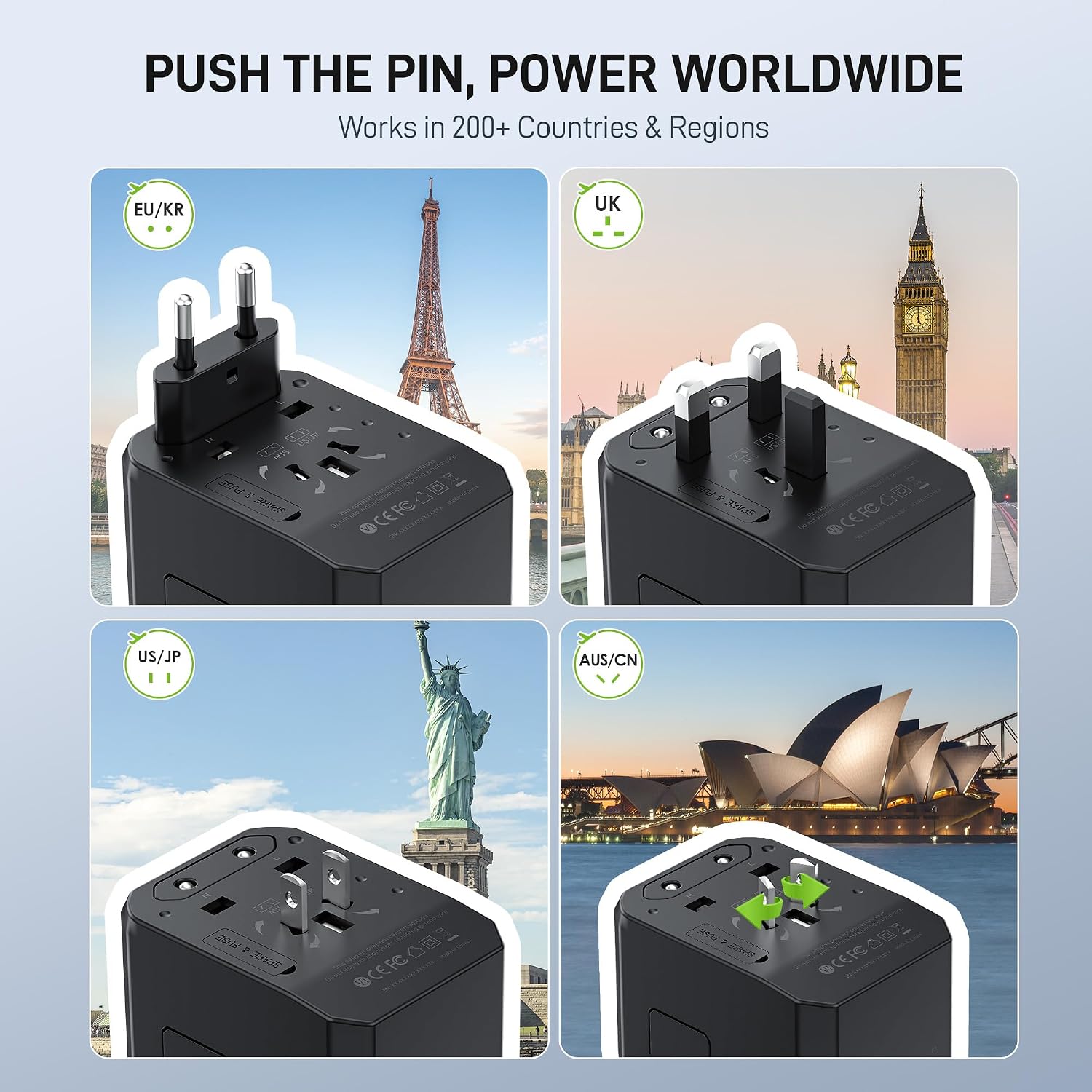 EPICKA Universal Travel Adapter with 1AC/3 USB-C/2 USB-A Ports | Travel Plug Adapter for EU/US/UK/AUS, Supports Charging for Multi-Device, Not A Voltage Converter, TA-105+, Grey - Image 3