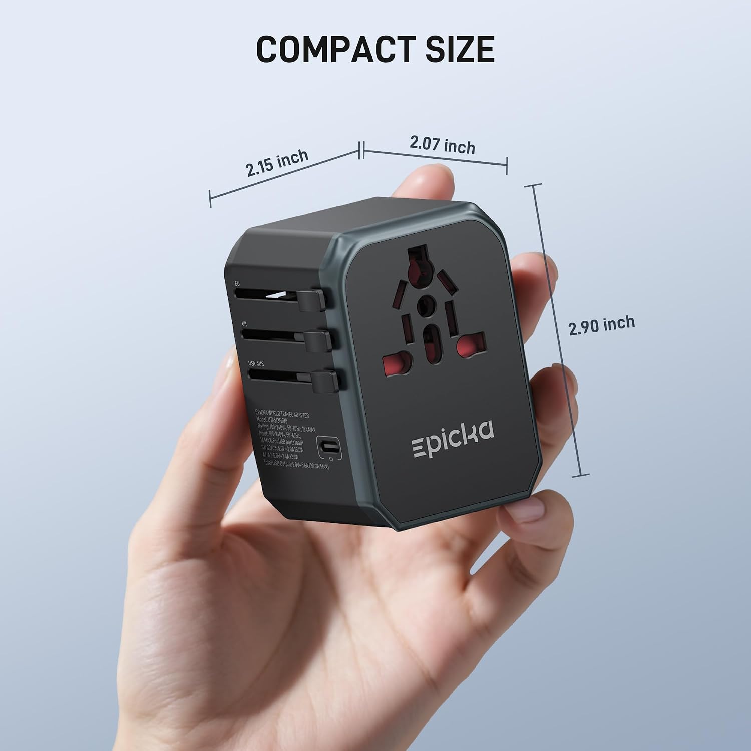 EPICKA Universal Travel Adapter with 1AC/3 USB-C/2 USB-A Ports | Travel Plug Adapter for EU/US/UK/AUS, Supports Charging for Multi-Device, Not A Voltage Converter, TA-105+, Grey - Image 5