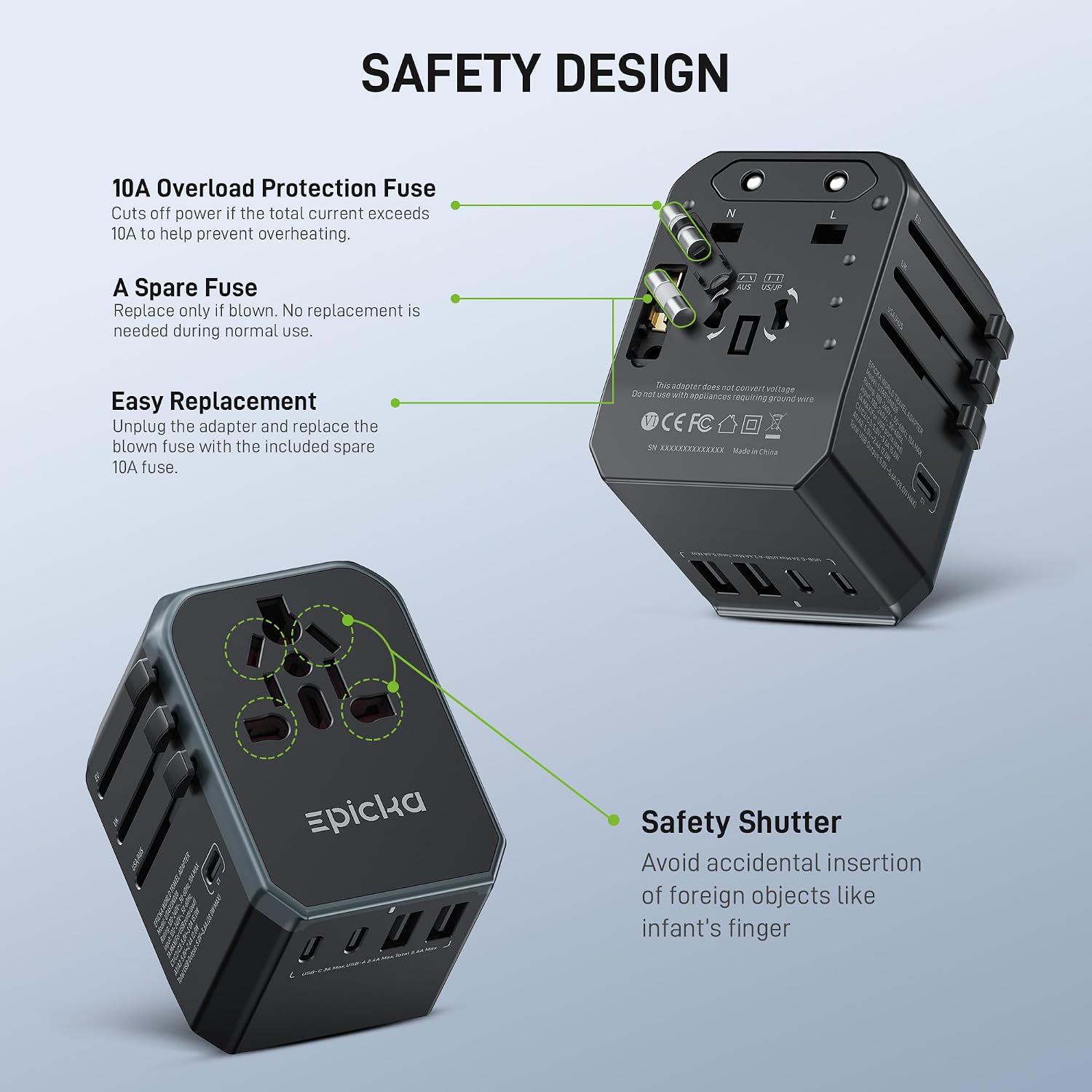 EPICKA Universal Travel Adapter with 1AC/3 USB-C/2 USB-A Ports | Travel Plug Adapter for EU/US/UK/AUS, Supports Charging for Multi-Device, Not A Voltage Converter, TA-105+, Grey - Image 6