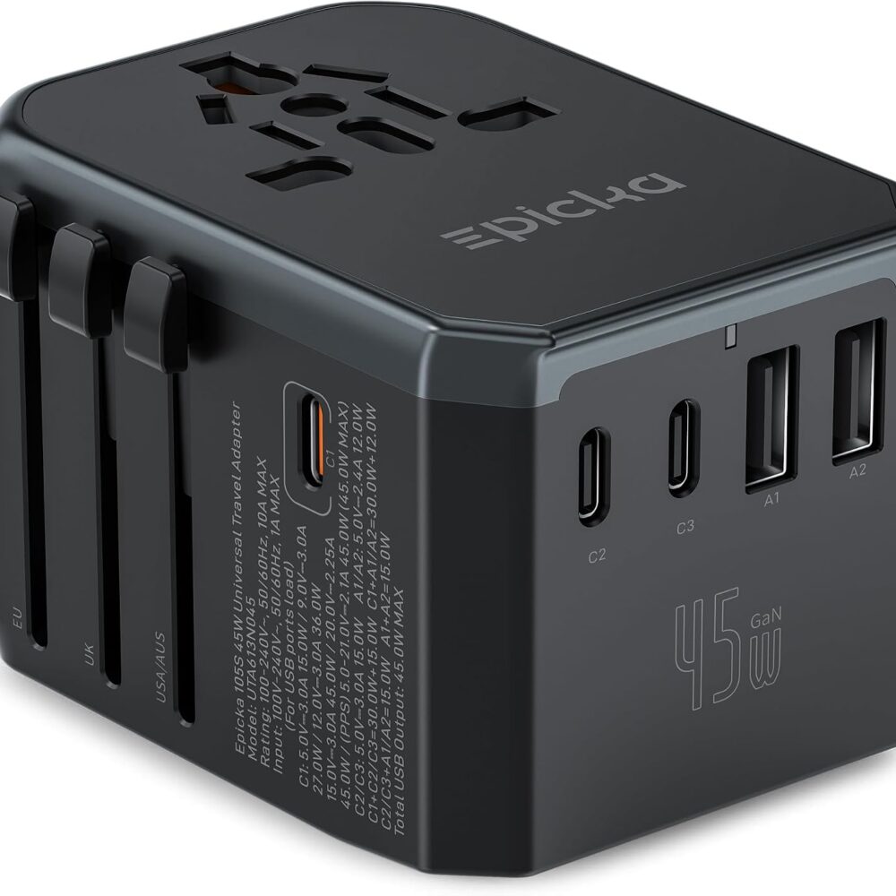 EPICKA 45W Universal Travel Adapter PD&QC, 1AC/4USB-C/1USB-A | Travel Plug Adapter for EU/US/UK/AUS, Fast Charging for Multi-Device, Not A Voltage Converter, TA-105S