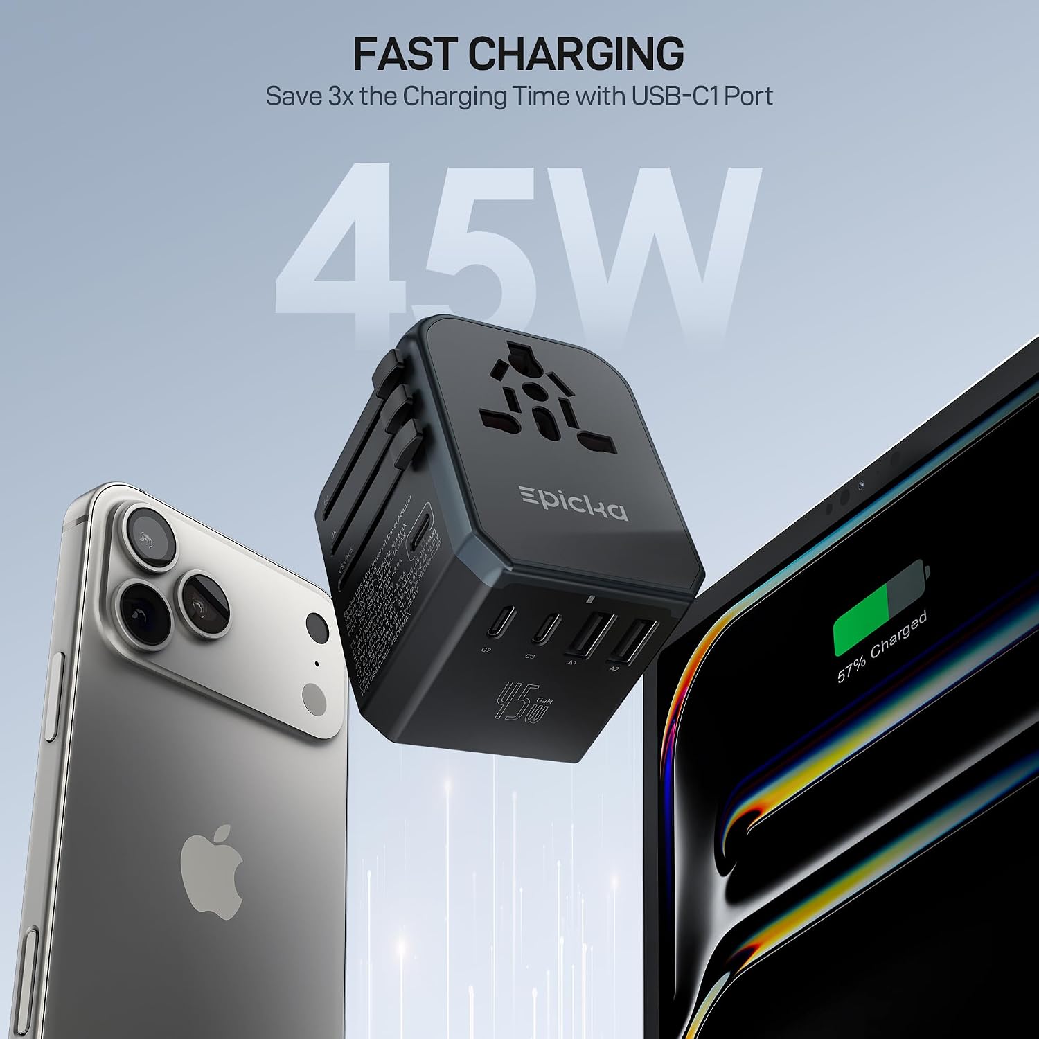 EPICKA 45W Universal Travel Adapter PD&QC, 1AC/4USB-C/1USB-A | Travel Plug Adapter for EU/US/UK/AUS, Fast Charging for Multi-Device, Not A Voltage Converter, TA-105S - Image 2