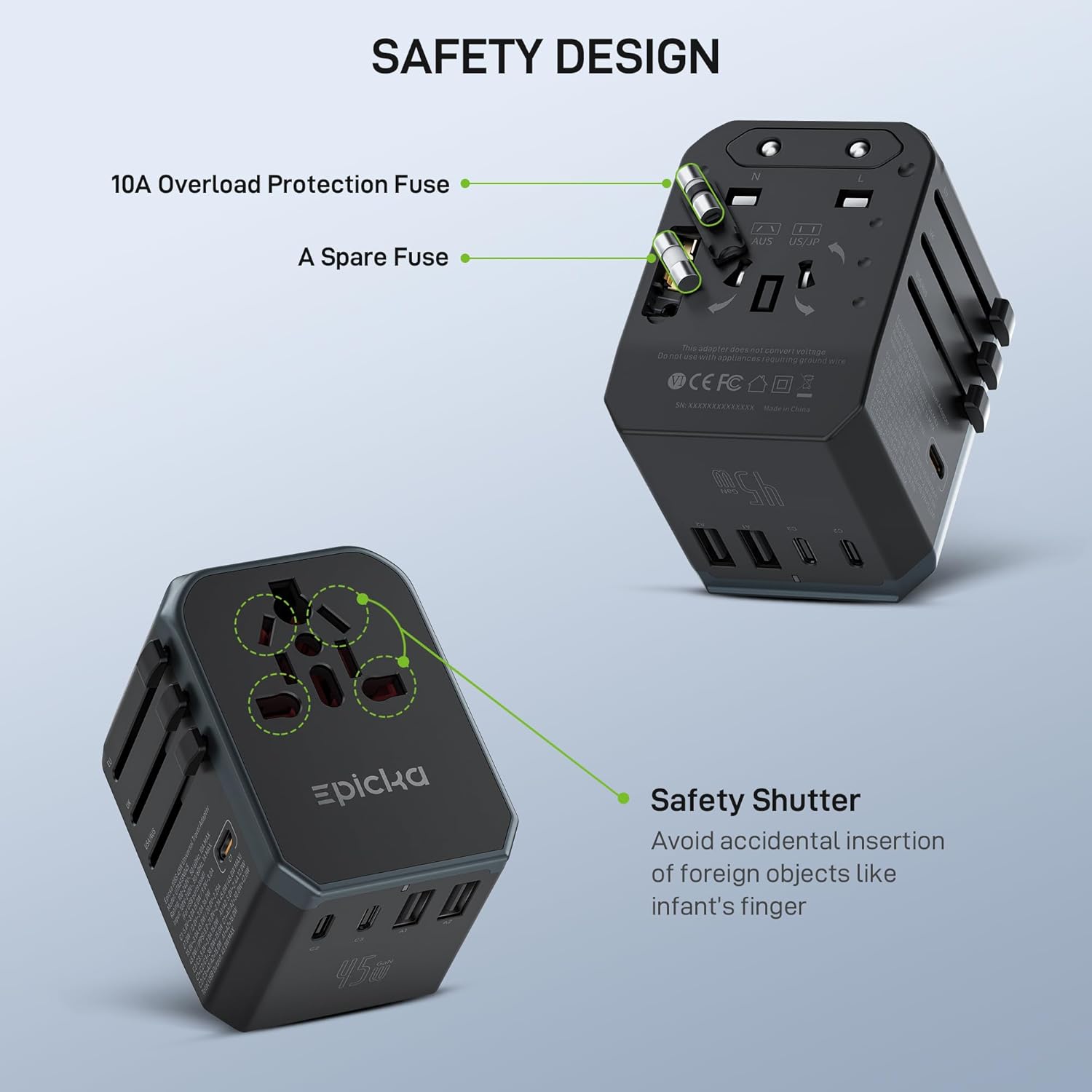 EPICKA 45W Universal Travel Adapter PD&QC, 1AC/4USB-C/1USB-A | Travel Plug Adapter for EU/US/UK/AUS, Fast Charging for Multi-Device, Not A Voltage Converter, TA-105S - Image 7