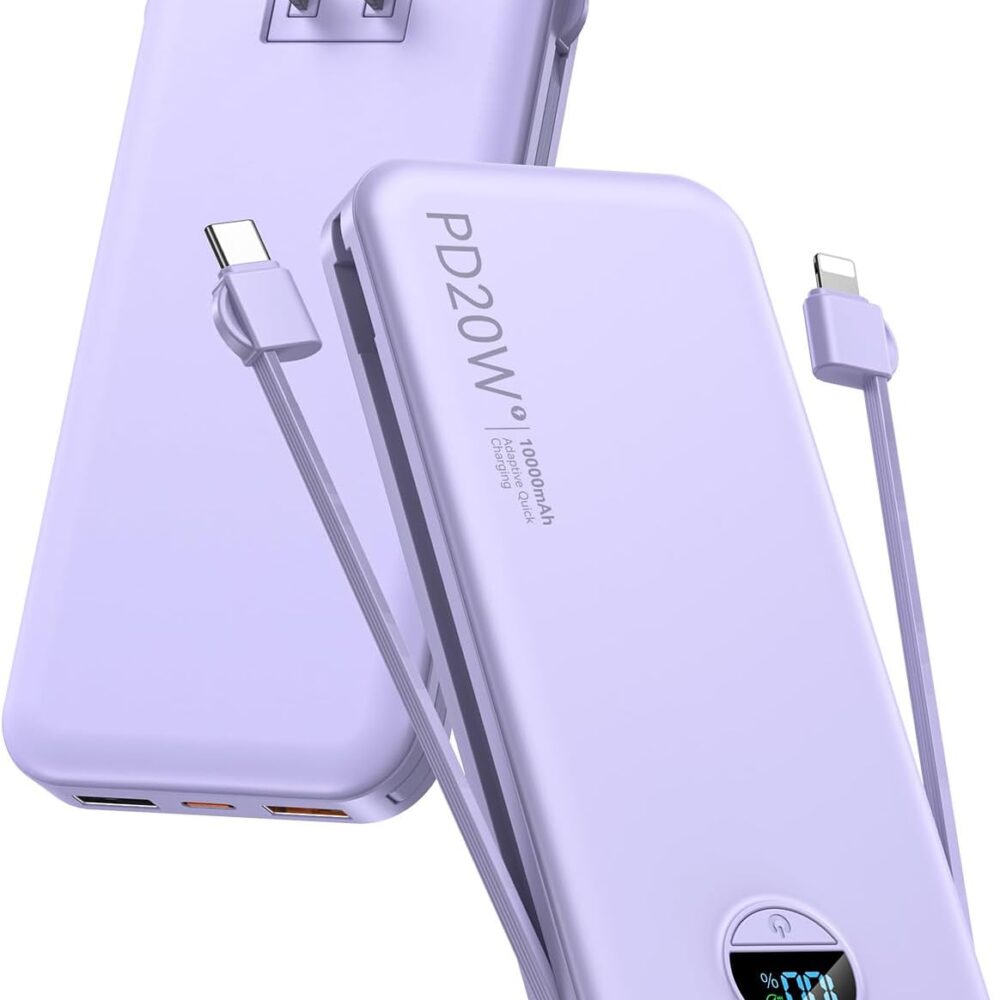citicr Portable Charger 10000mAh PD20W w/Built-in Cables & Wall Plug Purple | Fast charging, Built-in wall plug, LED display, Charge 5 devices at once, Pass through charging, TSA approved, Pocket size