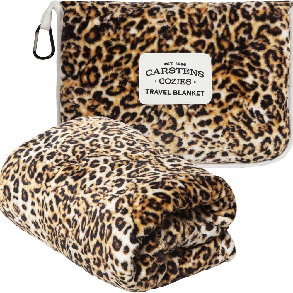 Carstens, Inc. Travel Blanket, Premium Compact 2-in-1 Airplane Blanket/Pillow, Leopard Print
