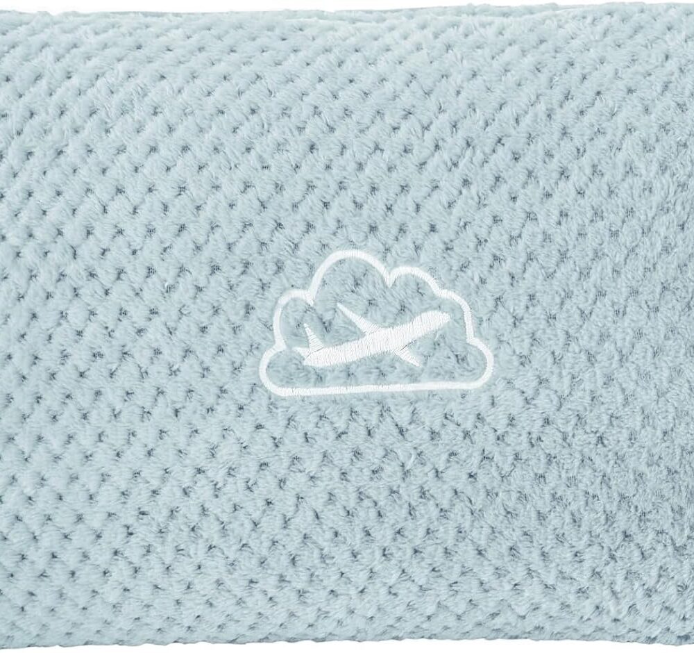 BEDELITE Travel Blanket with Bag, Jacquard Fleece Blanket 65"x40", Blue | Ultra-soft Airplane Blanket, Luggage Sleeve & Backpack Clip, Travel Essentials for Women, Foldable as Pillow for Long Flight