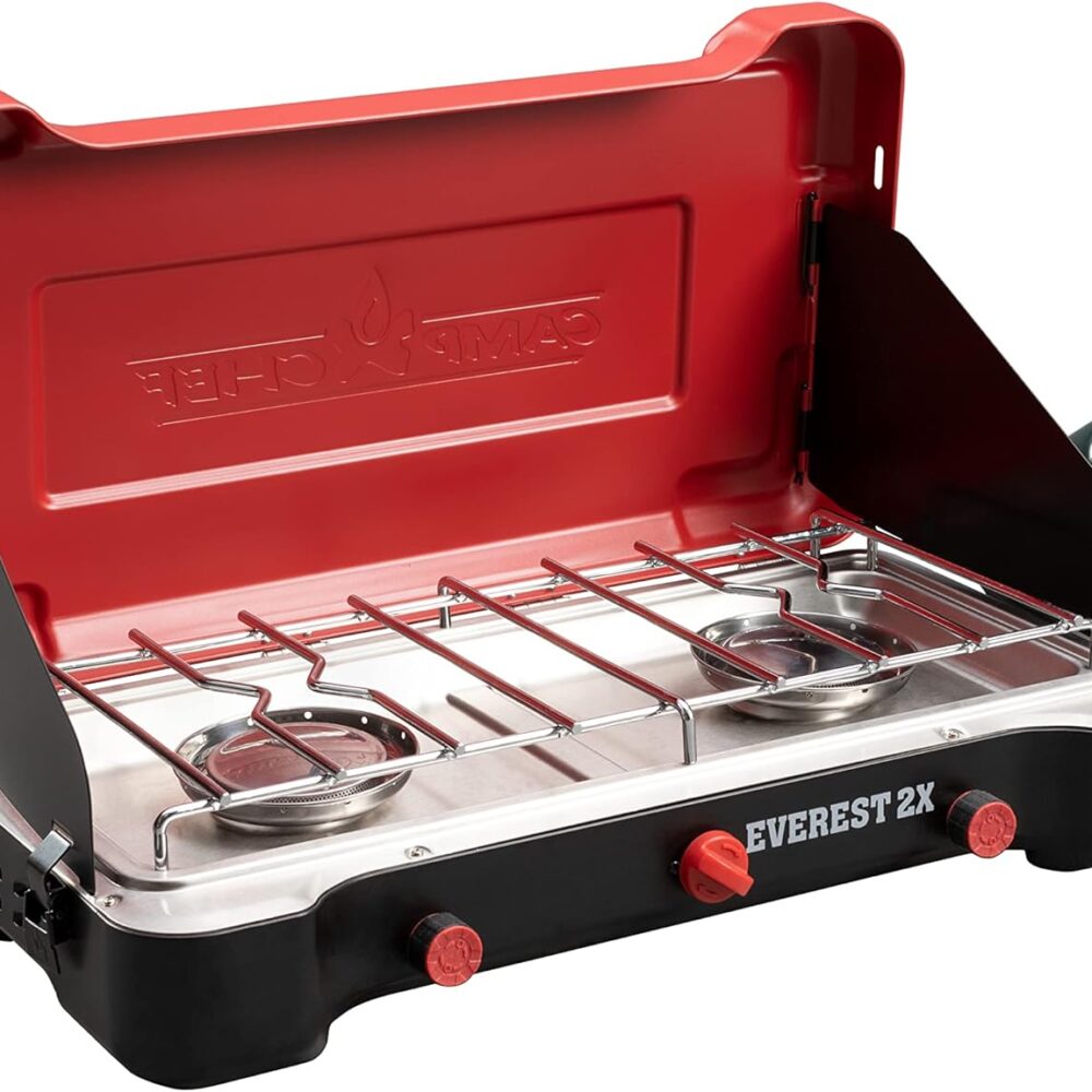 Camp Chef Everest 2X 2-Burner Portable Camping Stove, 40,000 BTUs, Propane | Two 20,000 BTU Cast-Aluminum Burners, Propane, 215 Sq In Cooking Area, Matchless Ignition, 3-Sided Windscreen
